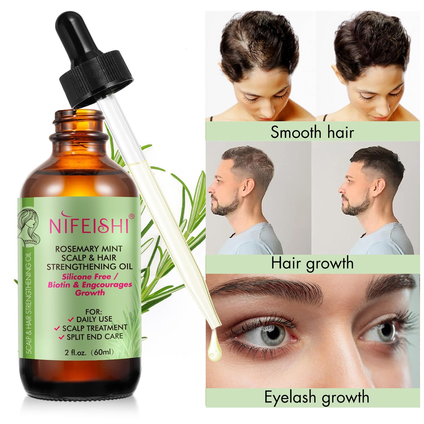 Rosemary Oil for Hair for Women and Men, Natural Rosemary Oil Hair Growth, Repair Dry and Damaged Hair, Stimulate Hair Growth and Nourish Hair and Skin, 60 ml