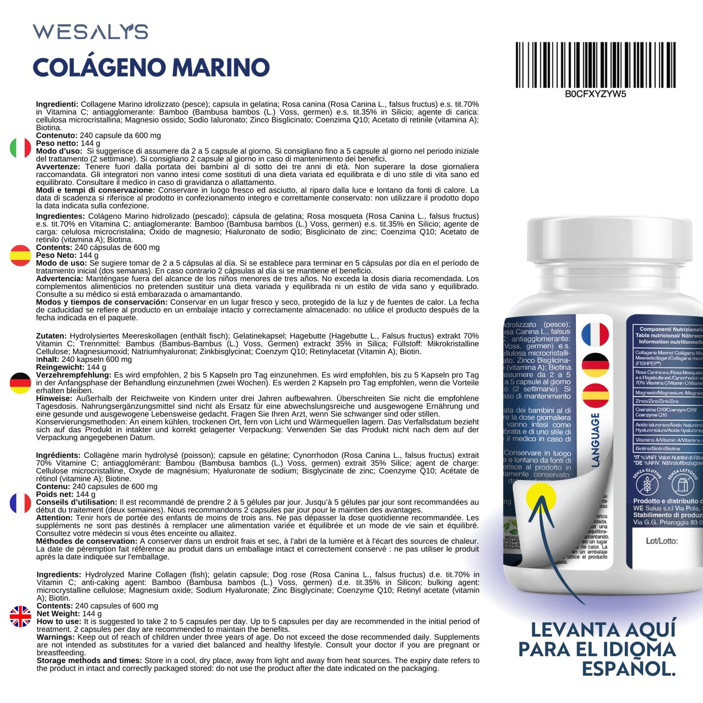 Colágeno Marino Hidrolizado 2500mg con Magnesio y Ácido Hialurónico | 240 Cápsulas | con Vitamina C natural, para cartílagos, huesos y piel | Alta dosis, Péptidos de Colágeno Marino Puro