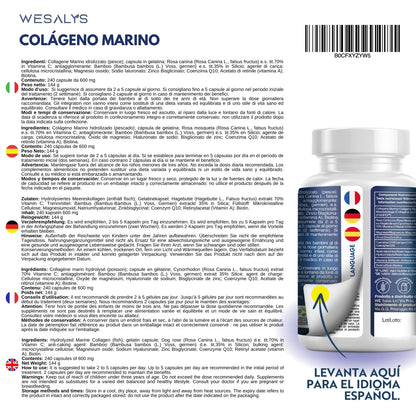 Colágeno Marino Hidrolizado 2500mg con Magnesio y Ácido Hialurónico | 240 Cápsulas | con Vitamina C natural, para cartílagos, huesos y piel | Alta dosis, Péptidos de Colágeno Marino Puro