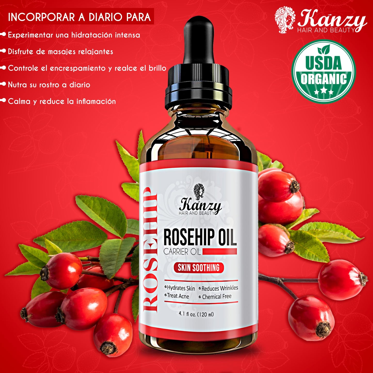 Kanzy Aceite de Rosa Mosqueta Puro 100% 120ml Orgánico Prensado en Frío Bio sin Refinar Rosa Mosqueta para Cicatrices y Estrías, usado como Hidratante para Cuerpo y Piel