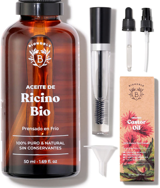 Bionoble Organic Castor Oil 50ml - 100% Pure &amp; Cold Pressed - Eyelashes, Eyebrows, Body, Hair, Beard, Nails - Glass Bottle + Pipette + Pump + Mascara Kit