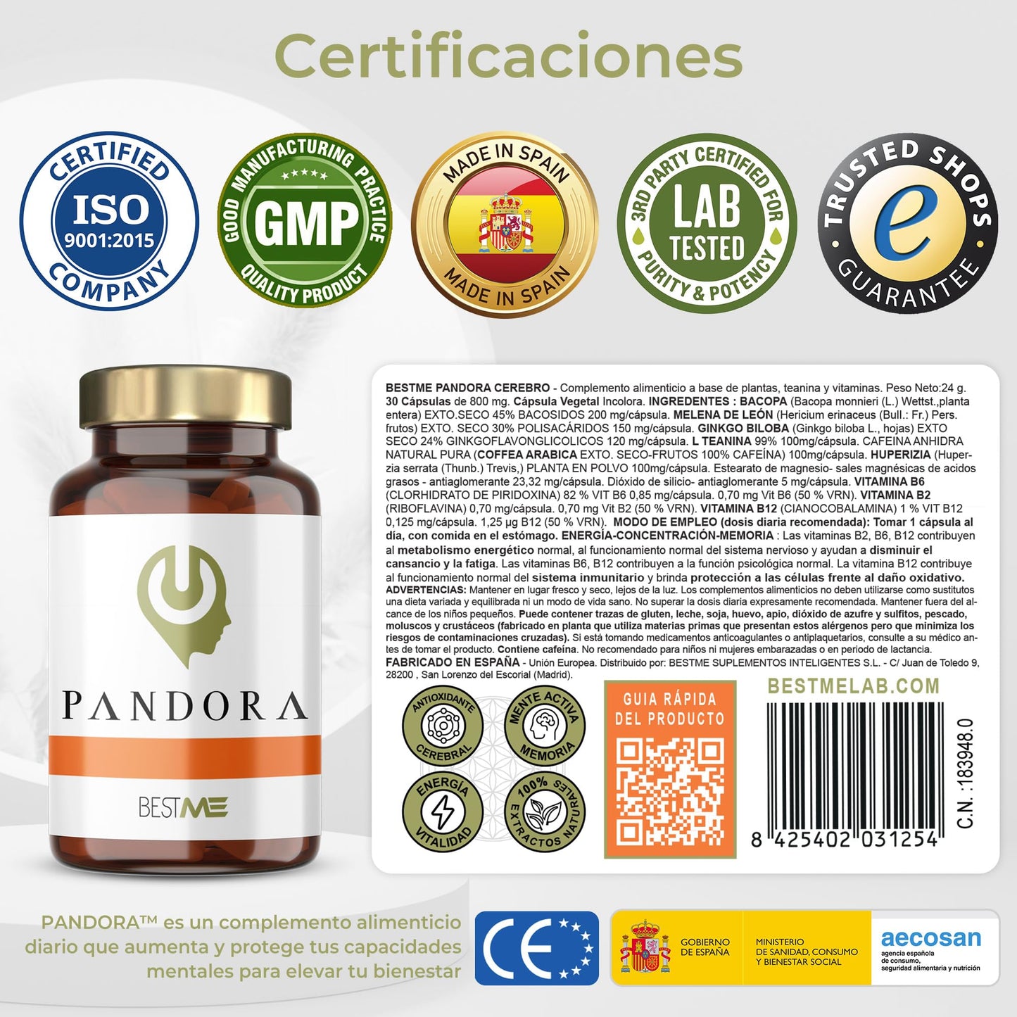 Bestme Lab Pandora | Nootrópico 100% Natural Fórmula Original 9 en 1 + Concentración + Memoria + Energía | Melena de León, Ginkgo Biloba, Bacopa Monnieri, Cafeína, L-Teanina, Vitaminas B12 B6 B2