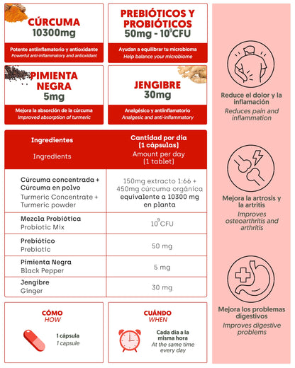 Cúrcuma con PROBIÓTICOS y PREBIÓTICOS | 10.300 mg Ultraconcentrada (mas de 95%) | Antiinflamatorio para Bienestar Articular, Muscular, Óseo y Digestivo | 125 días | Solo 1 cap/día