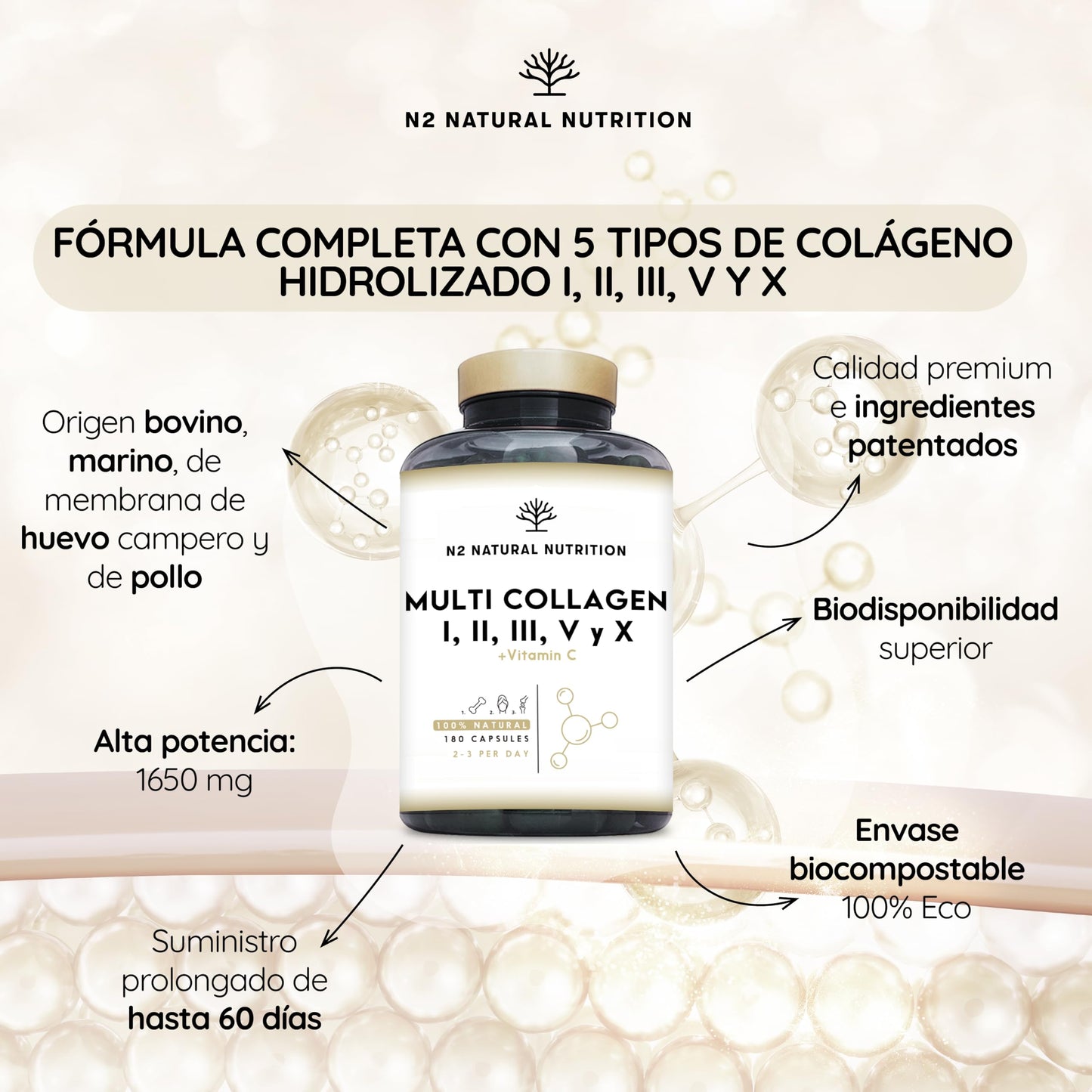 Pure Hydrolyzed Multi Collagen 1650mg + Vitamin C 53mg. Collagen Type I, II, III, V and X. Promotes Healthy Skin, Hair, Bones and Joints. 180 capsules. N2 Natural Nutrition.