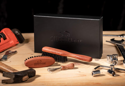 ZilberHaar - Kit de cuidado de la barba - 1 cepillo para barba + 1 cepillo de bolsillo + 1 accesorio de limpieza - 100% cerdas de jabalí auténtico suave de segundo corte - Set de regalo para hombres