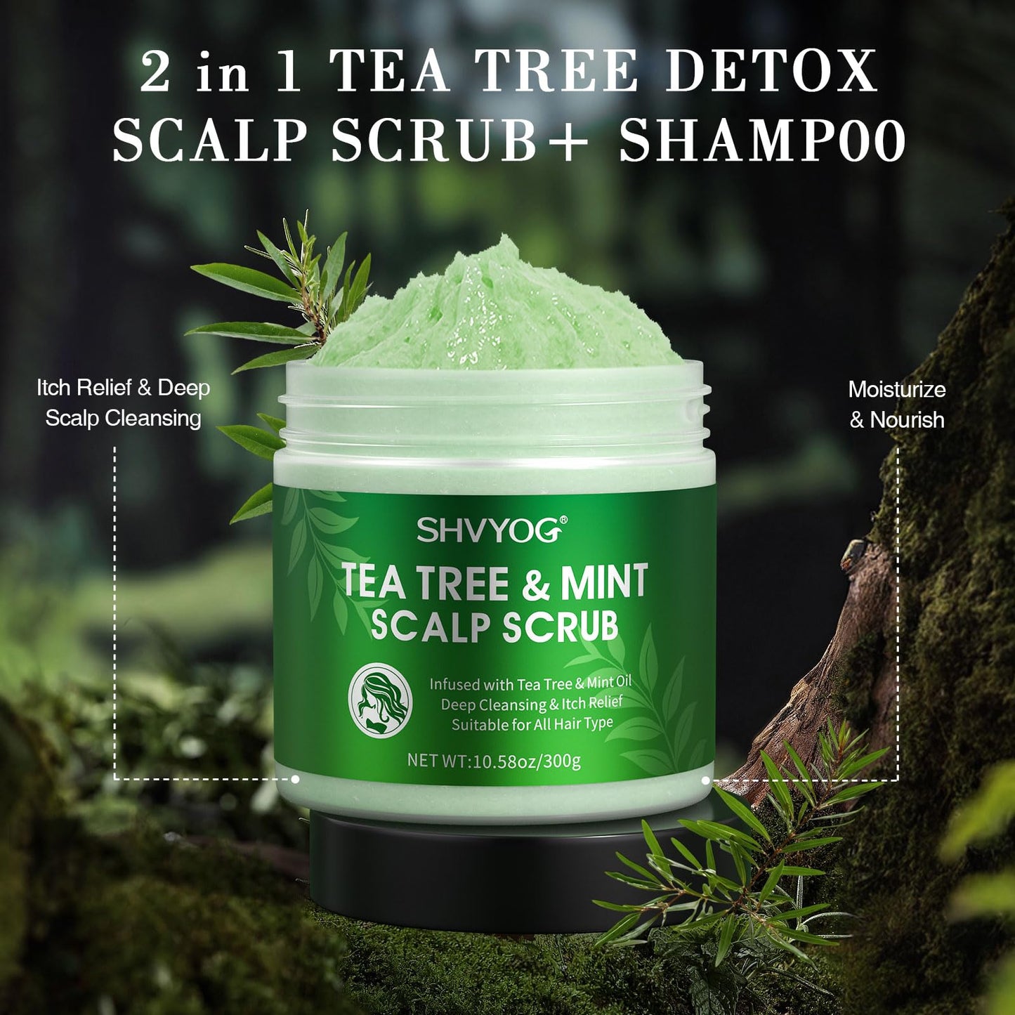 Scalp Scrub, Tea Tree Oil &amp; Mint Scrub, Cleansing &amp; Nourishing Scalp Shampoo, Oil Control, Hair Loss Prevention, 300g