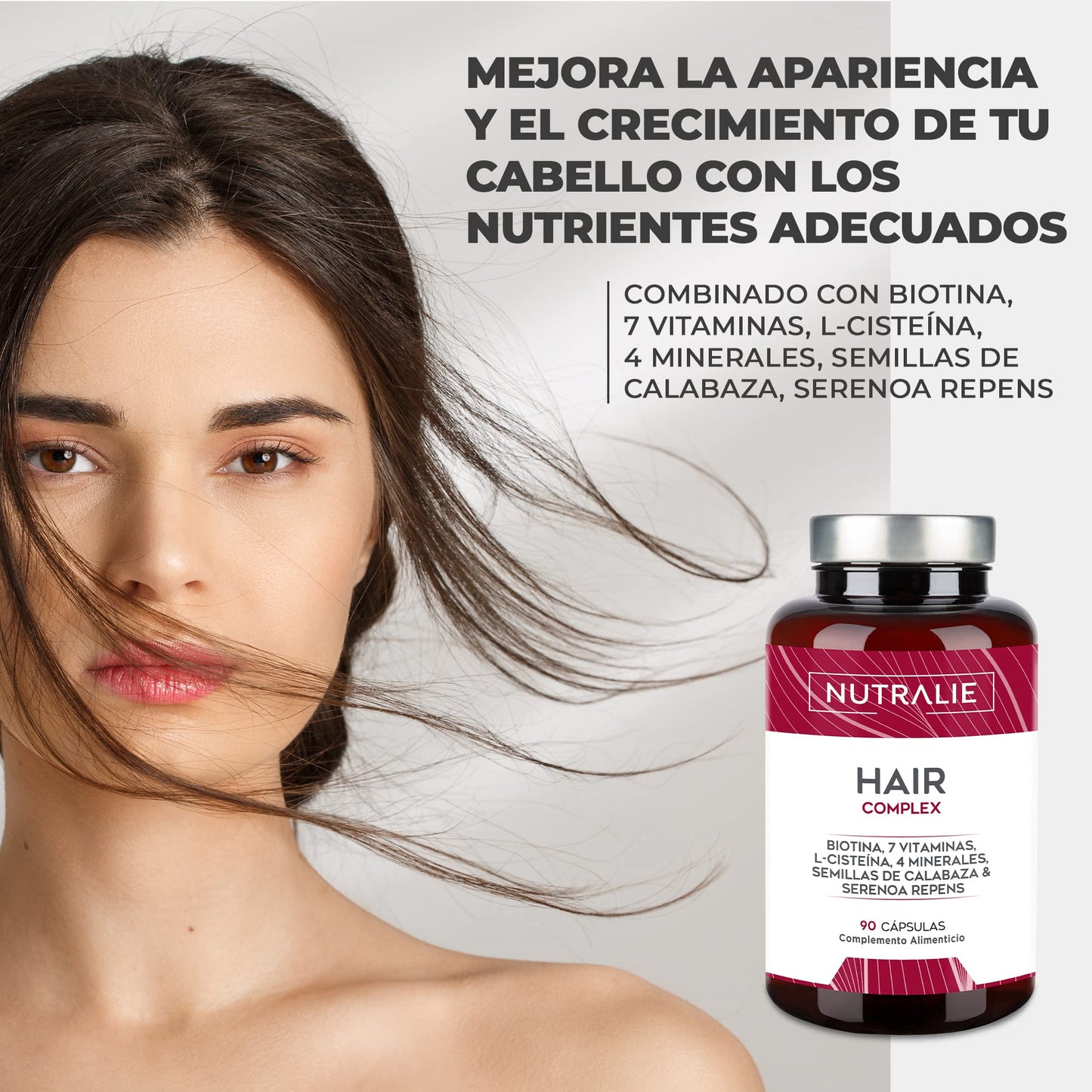 VITAMINAS PARA EL CABELLO - Crecimiento y Anticaida Cabello [PREMIO 2022] Biotina + Zinc + L-Cisteina - Mujer Hombre - Vitaminas Pelo Vegano - Hair Complex - 90 Cápsulas Nutralie