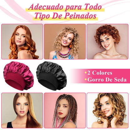 2 Piezas Gorro de Satén para Dormir - Ajustable y Antifrizz con Banda Ancha (Negro, Rojo)