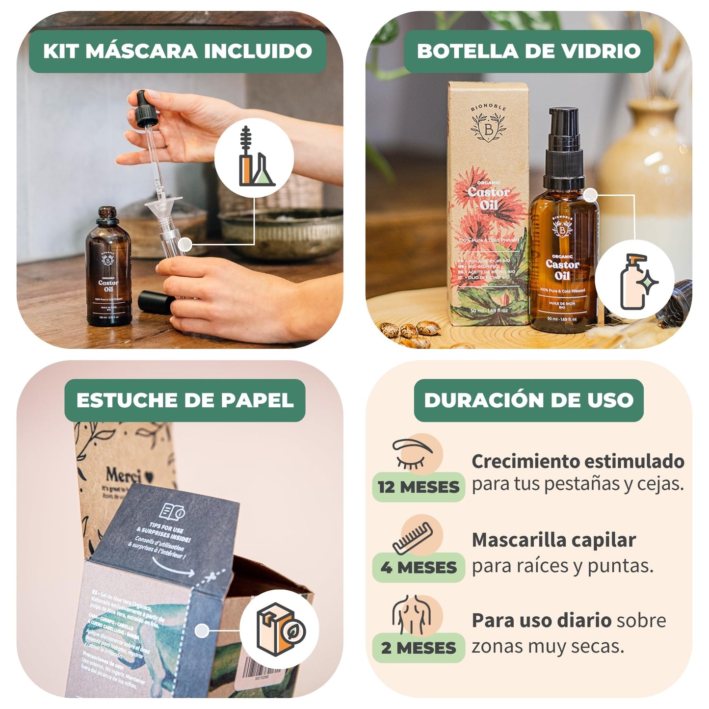 Bionoble Organic Castor Oil 50ml - 100% Pure &amp; Cold Pressed - Eyelashes, Eyebrows, Body, Hair, Beard, Nails - Glass Bottle + Pipette + Pump + Mascara Kit