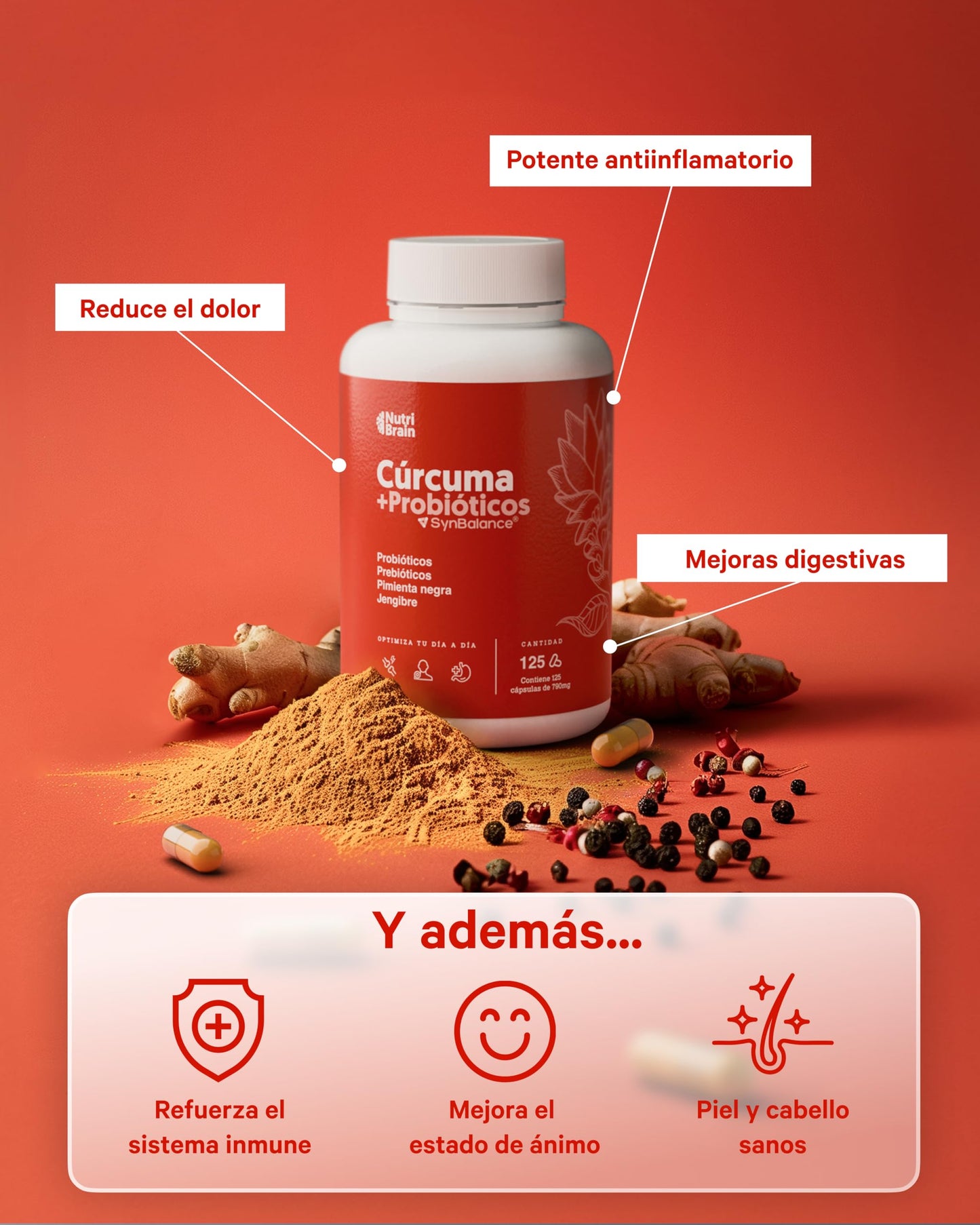 Cúrcuma con PROBIÓTICOS y PREBIÓTICOS | 10.300 mg Ultraconcentrada (mas de 95%) | Antiinflamatorio para Bienestar Articular, Muscular, Óseo y Digestivo | 125 días | Solo 1 cap/día