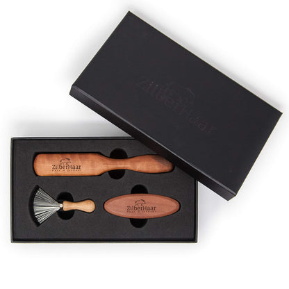 ZilberHaar - Kit de cuidado de la barba - 1 cepillo para barba + 1 cepillo de bolsillo + 1 accesorio de limpieza - 100% cerdas de jabalí auténtico suave de segundo corte - Set de regalo para hombres